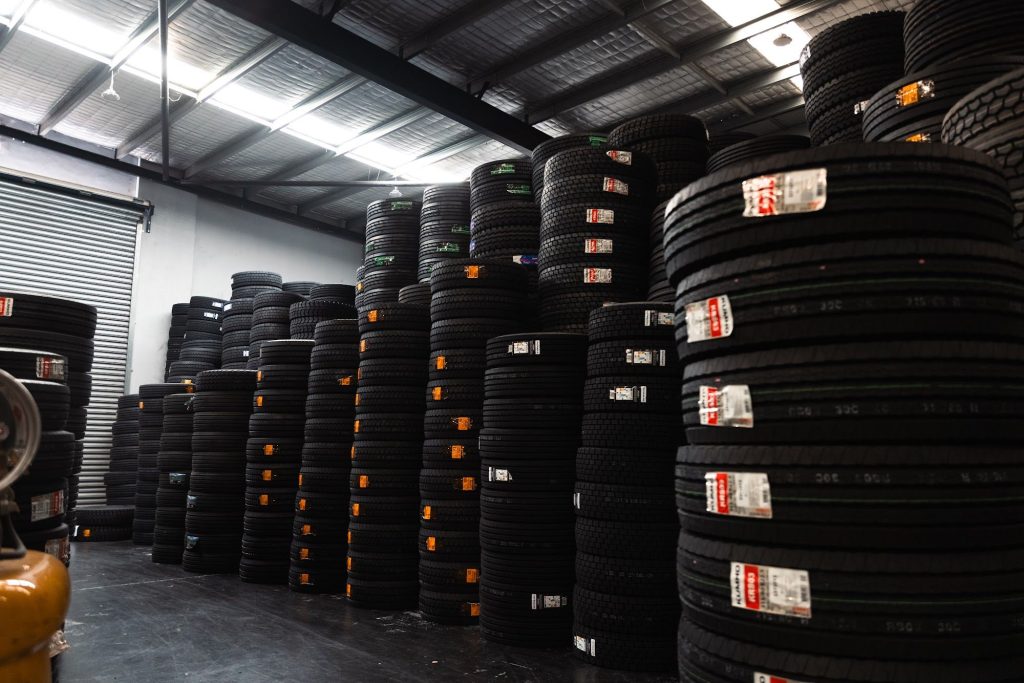 Truck tyres stacked in the Royale warehouse